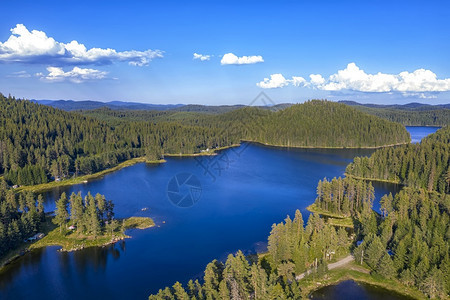 无人驾驶飞机对蓝色水和绿森林的美丽全景惊人空中观察水库气多于图片