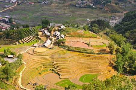 传统水越南萨帕的稻田梯和Hmong少数民族村草图片