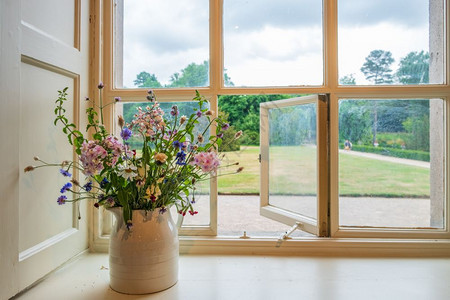 斯托克波特美丽的花朵和窗外风景从传统的英国式住宅进入花园景观财产图片