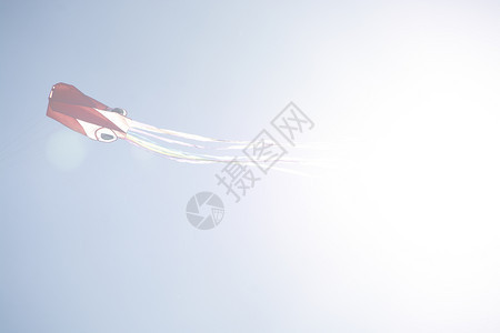 太阳高的闲暇红风筝飞在西班牙马洛卡的蓝色天空上红风筝高飞在蓝色天空上图片