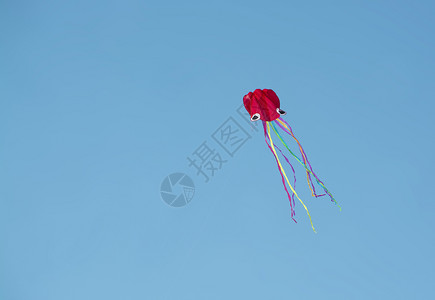海红风筝高飞在西班牙马洛卡的蓝色天空上红风筝高飞在蓝色天空上假期太阳图片