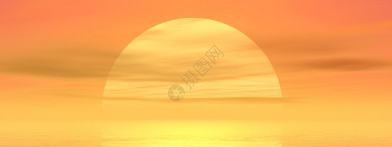有雾黄色的闪亮大太阳照耀着日落在海洋上3D转化图片