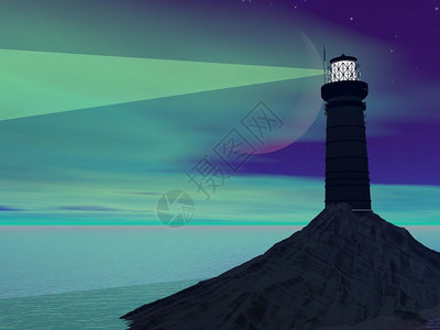 绿色夜晚的灯塔阴影月光之窗夜3D制成地平线岩石晚上图片
