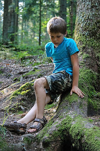 短裤地面人们坐在夏日森林的英俊男孩图片