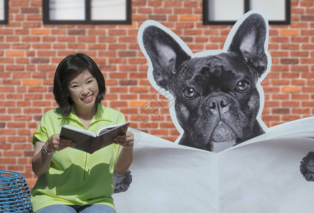 情感演戏肖像亚洲笑容女在百货店区宠物外的阅读书手势中与法国黑人斗牛犬展出站台拍摄一张照片图片