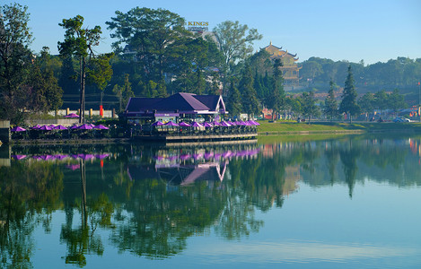 旅行建筑学城市的紫罗河湖边咖啡店的浪漫景观早上在达拉特市中心XuanHuong湖水上进行聚阳反射图片