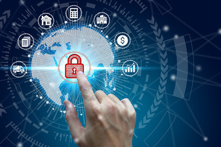 使用权商人在网络连接安全数据保护商业技术隐私概念上触摸虚拟挂锁的图标网上安全数据保护商业技术隐私权概念数字的全球图片