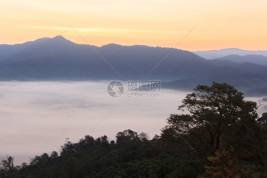 山顶云雾缭绕风景优美丽场图片