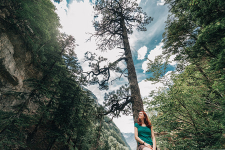 旅行人们短裤坐在栅栏上的年轻女子观察着森林图片