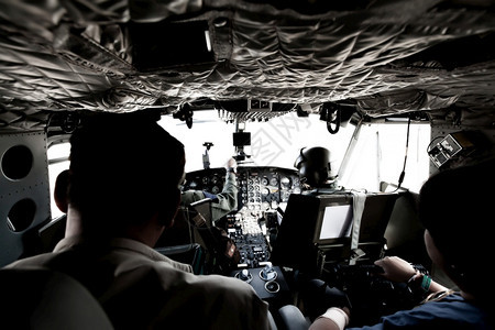 后勤座舱航空军事直升机驾驶舱有2名飞行员和乘客在边境巡逻期间飞行定点图片