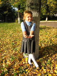 秋天公园里有黄叶的小女孩幸福木头活图片
