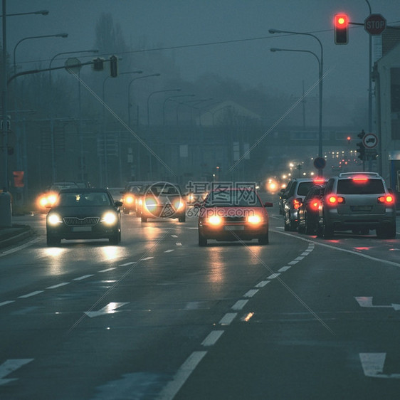冬季天气恶劣公路轻型车辆上危险汽交通在雾中行驶季节街道薄雾图片