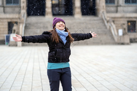 面漆户外下雪时玩的亚洲年轻女子旅行和兴奋的概念冬戴带毛帽披头巾和外套为了图片