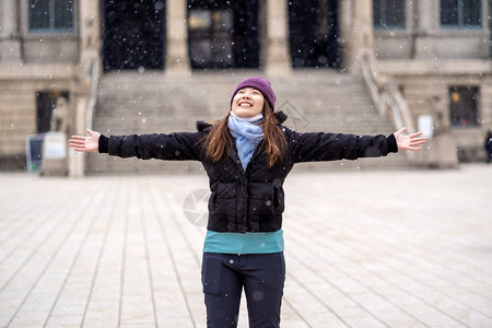 下雪时玩的亚洲年轻女子旅行和兴奋的概念冬戴带毛帽披头巾和外套面漆跌倒图片
