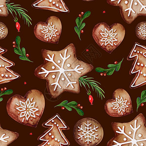 冬青象征圣诞水彩色姜饼干的无缝模式红辣椒符号面包丝甜点图片