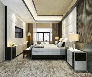 3D提供经典的豪华卧室套房在酒店与电视装饰风格窗帘房间图片
