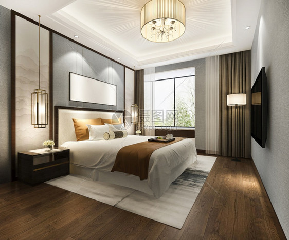 3d提供美丽的豪华卧室套房在酒店与电视扶手椅休息屋图片