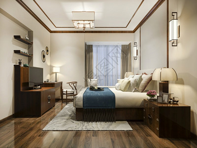 地面3d提供美丽的豪华卧室套房在酒店与电视放松经典的图片
