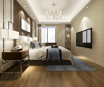 建筑学干净的睡觉3d提供美丽的豪华卧室套房在酒店与电视图片