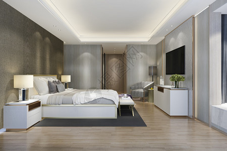 房间装饰风格3d提供美丽的豪华卧室套房在酒店与电视睡觉图片