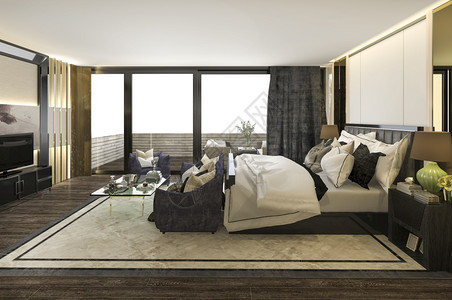 放松活的3d提供美丽的豪华卧室套房在酒店与电视枝形吊灯图片