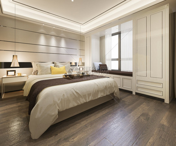 休息内部的3d提供美丽的豪华卧室套房在酒店与电视扶手椅图片