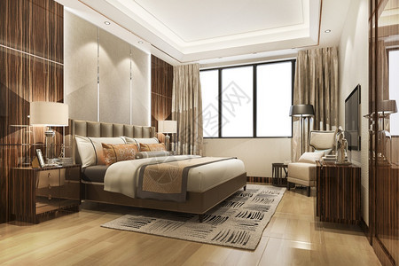 3d提供美丽的豪华卧室套房在酒店与电视当代的室内枝形吊灯图片