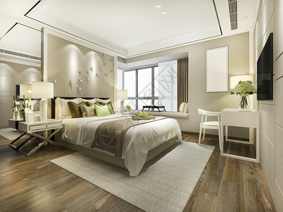 活的窗户当代3d提供美丽的豪华卧室套房在酒店与电视图片