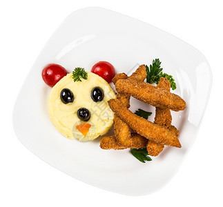 面糊为儿童菜单提供餐盘的食谱土豆清洁剂白背景面罩的棍棒晚餐服务图片