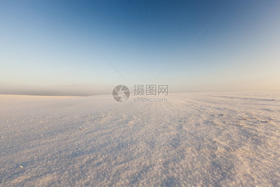 雾凇覆盖阳光明媚的冬季风景与蓝色的天空和田野冬风景的雪地一月图片