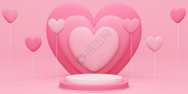 Valentinersquosday3D插图圆桌台或以红色空工作室房间产品背景与心身重叠和脏形状的气球漂浮爱情概念模型展示陈列室图片