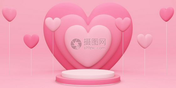 Valentinersquosday3D插图圆桌台或以红色空工作室房间产品背景与心身重叠和脏形状的气球漂浮爱情概念模型展示陈列室图片