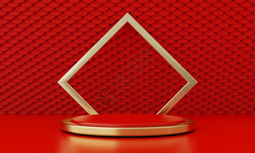 复制平台新年红现代风格一个讲台产品展示配有金环框架日语风格背景欢乐节传统文化概念3D插图HIV亚洲图片
