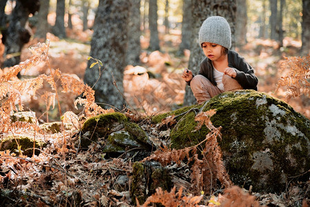 小caucasians幼女蹲在秋天的森林里穿着羊毛帽在秋天的森林里与植物玩耍小女孩在秋天的森林里孩子岩石叶图片