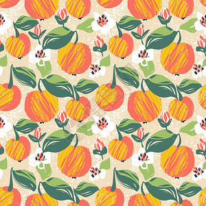 数字画上无缝图案配有苹果明亮的夏季水果背景纸张和纺织品设计说明甜的素食主义者植物图片