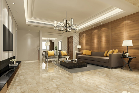 皮革休息用餐3d在有厅的客提供奢侈品和现代黄色沙发图片