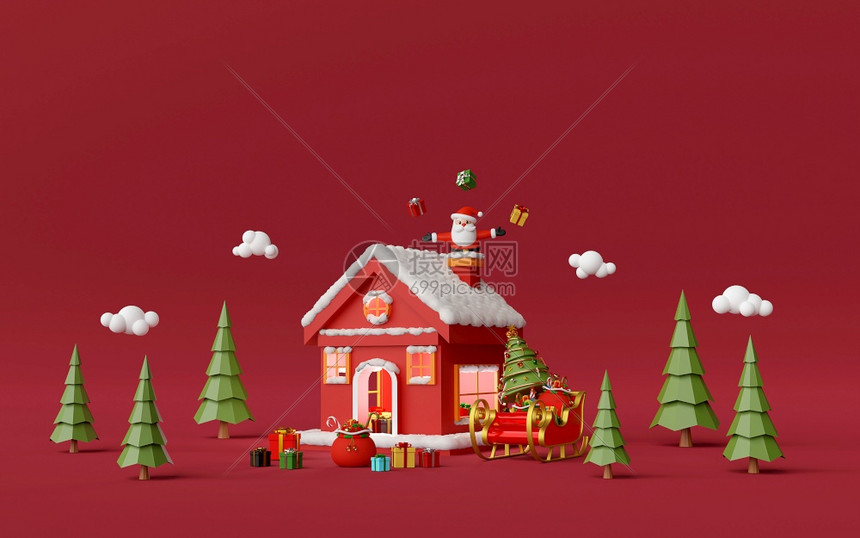 假期最小的圣诞快乐新年松树林里的红房子烟囱里的圣诞老人3d渲染派对图片