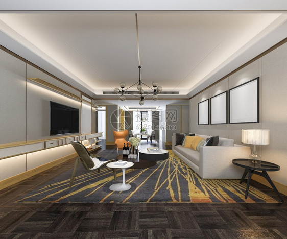 酒店3d提供豪华和现代客厅配有沙发布枕头内部的图片