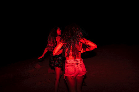 幸福年龄轻的一群在湖边晚宴上玩乐的年轻女晚上带着红灯图片