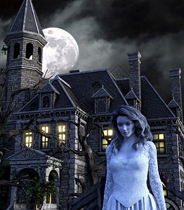 天空超自然现象女士夜里一个老鬼屋的可怕女3D让恐怖鬼女在夜里一个老鬼屋背景图片