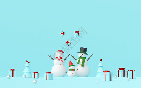 球圣诞快乐和新年雪人之景在蓝色背下庆祝圣诞礼物3D投影现代的使成为图片