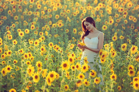 向日葵花田里的年轻女性图片