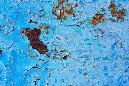 粗糙的摇欲坠金属表面破碎剥开蓝漆和生锈地点背景纹理乡村图片
