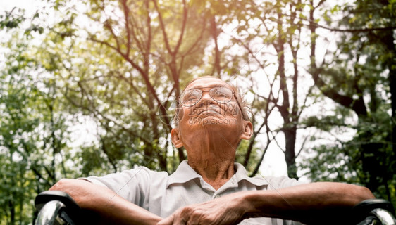 愉快春天退休坐在轮椅上快乐的老人在公园享受自然图片