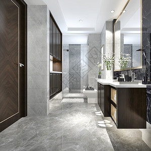 3d提供现代厕所配有豪华瓷砖装饰当代的最小渲染图片