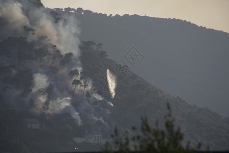 撒丁岛的烟雾和森林火灾焰抽烟多雾路段图片
