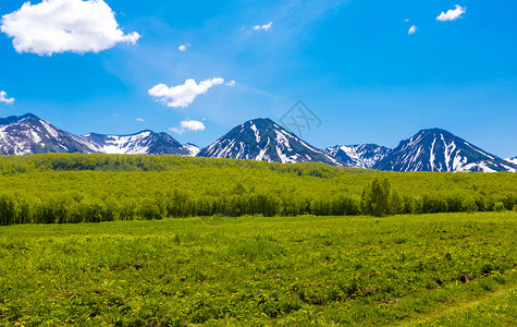 牧场山中夏月风景和有云的蓝天空环境丰富多彩的图片