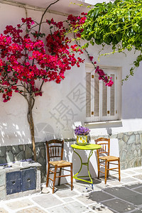 丰富多彩的典型希腊岛IosChora镇的狭小典型街道有粉红花椰树和咖啡桌雪糕希腊粉饰图片