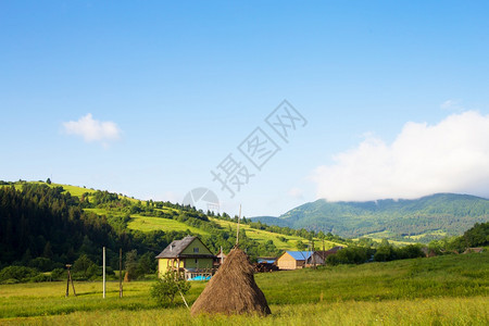 场地衬套夏季在美丽的村庄乌克兰喀尔巴阡山脉的夏令日喀尔巴阡山自然干草图片