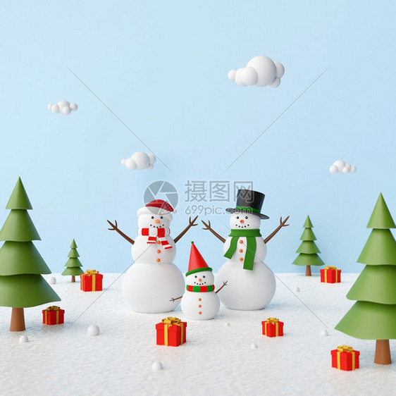 场景数字的可爱圣诞快乐雪人在松树林里有圣诞礼物三日赠图片